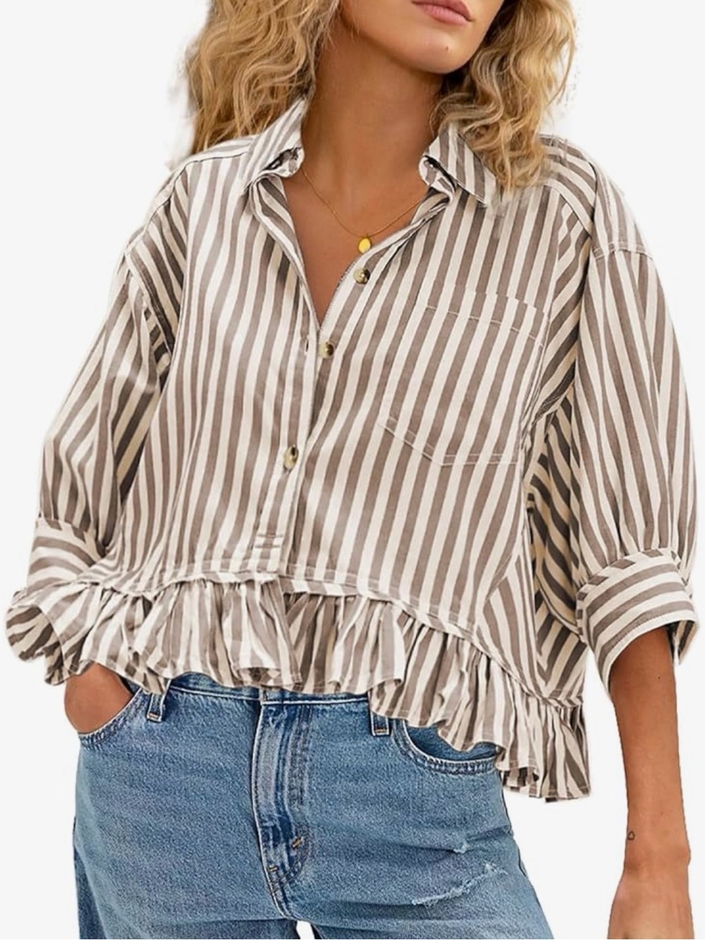 Striped Ruffle Hem Button-Up Blouse - Taupe/White